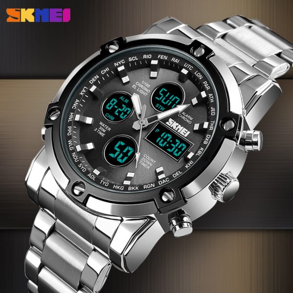 SKMEI 1389 MultiFunctional Business Analog/Digital Large Dial Stainless Steel Watch - Black/Silver - Image 2