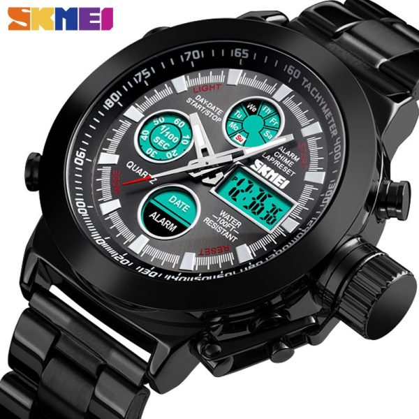 SKMEI 1515 Dual Time Multi-Functional Large Dial Stainless Steel Watch - Black