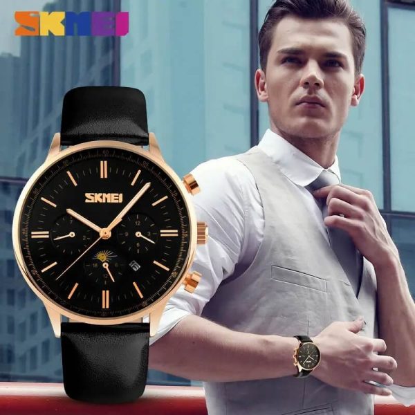 SKMEI 9117 Men's Business Elegant Chronograph Moonphase Complete Calendar Leather Strap Watch - Black/RoseGold - Image 2