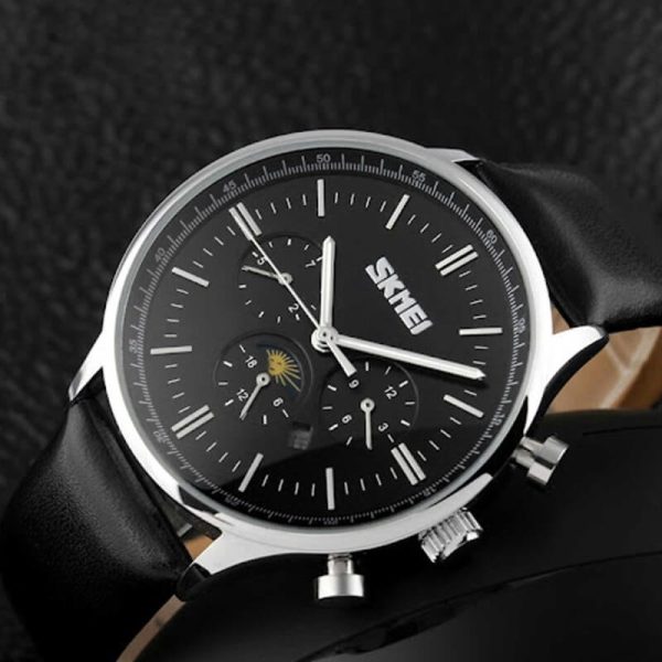 SKMEI 9117 Men's Business Elegant Chronograph Moonphase Complete Calendar Leather Strap Watch - Black/Silver - Image 2