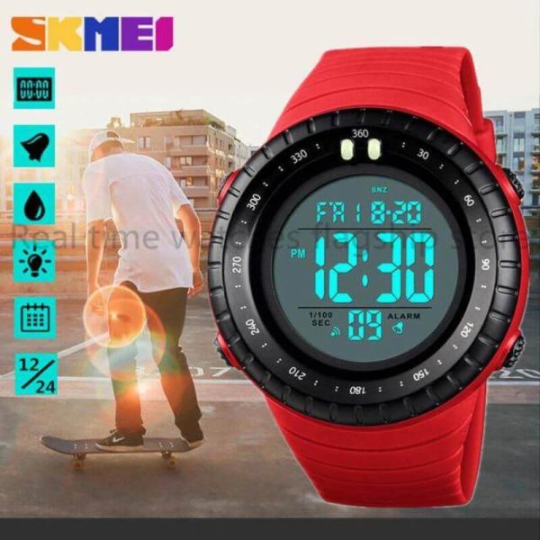 SKMEI 1420 Men's Outdoor Multifunction Countdown LED Digital PU Strap Watch - Red - Image 2