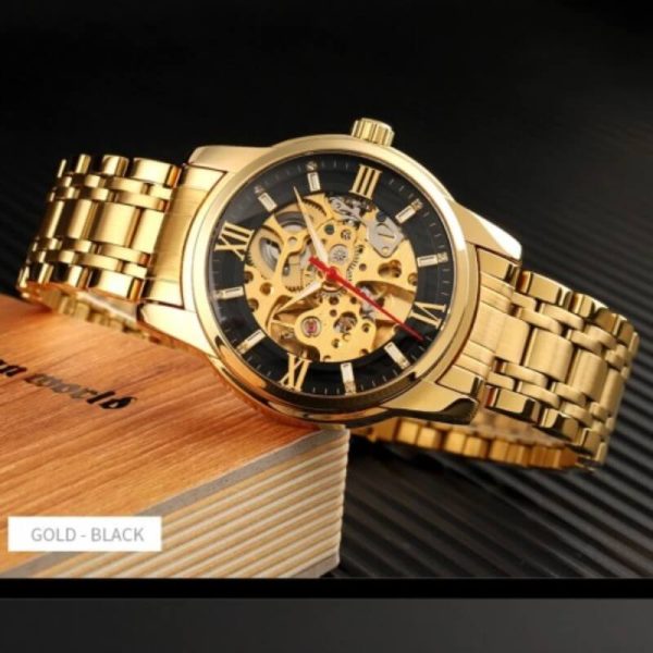 SKMEI 9222 Men's Business Skeleton Hollow Mechanical Automatic Stainless Steel Wristwatch - Black/Golden - Image 2