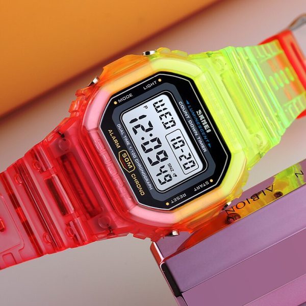 SKMEI 1622 Fashion Electroplated Case Transparent Strap  Digital Wristwatch - Red/Lime - Image 2