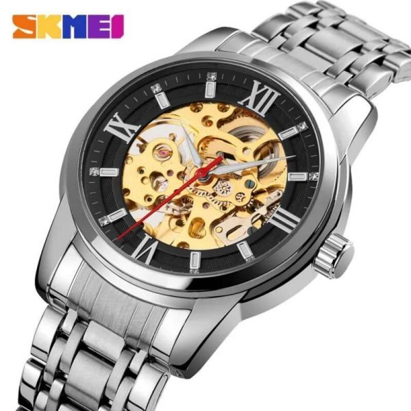 SKMEI 9222 Men's Business Skeleton Hollow Mechanical Automatic Stainless Steel Wristwatch - Silver/Black