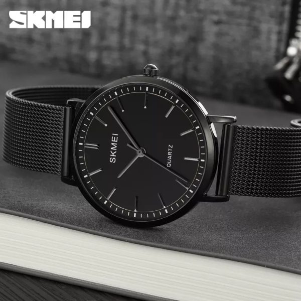 SKMEI 1664 Men's Minimalist Elegant Thin Stainless Steel Mesh Analog Watch - Black - Image 2