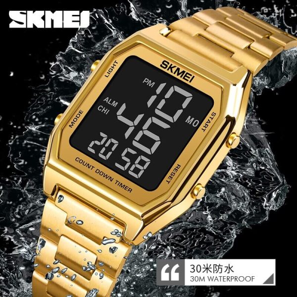 SKMEI 1735 LED Dual Time Digital Retro Fashion Stainless Steel Wrist Watch For Men - Golden/Black