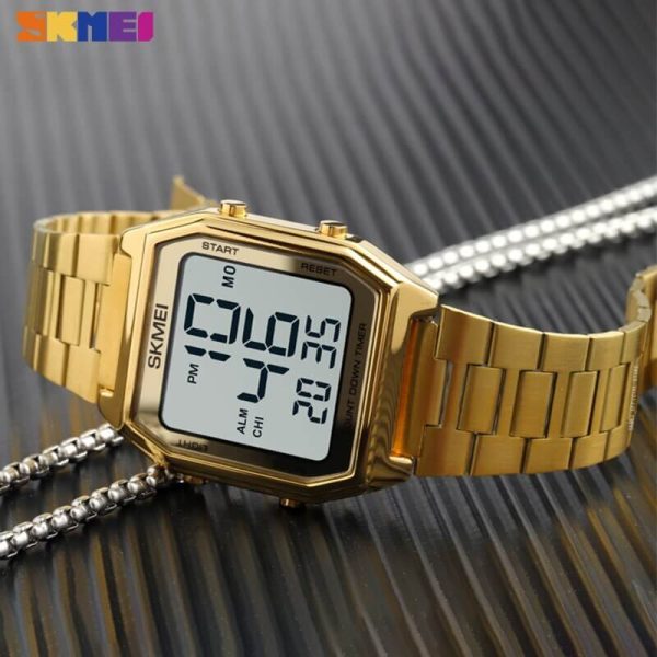 SKMEI 1735 LED Dual Time Digital Retro Fashion Stainless Steel Wrist Watch For Men - Golden/White