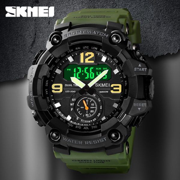 Skmei 1637 Men Digital Analog Dual Display Alarm Waterproof 3 Time Sport Wristwatch - Green - Image 2