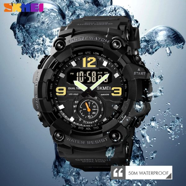 Skmei 1637 Men Digital Analog Dual Display Alarm Waterproof 3 Time Sport Wristwatch - Black - Image 2