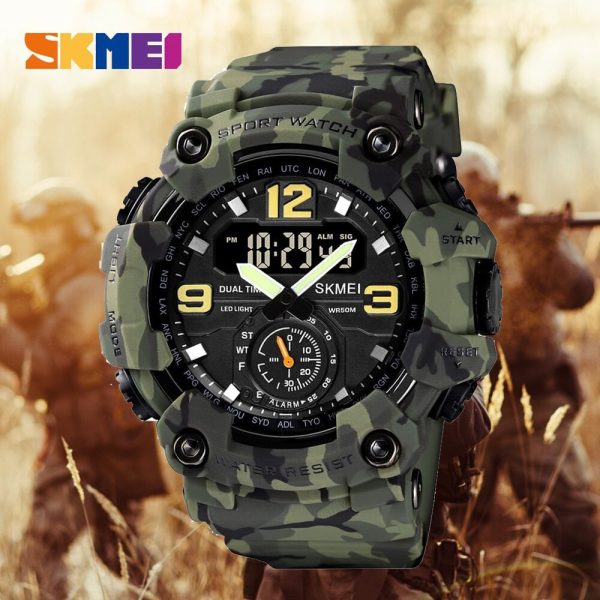 Skmei 1637 Men Digital Analog Dual Display Alarm Waterproof 3 Time Sport Wristwatch - Camouflage/Green - Image 2