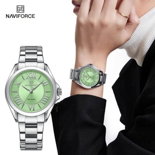 NaviForce NF5037 Women's Luxury Elegant Simple Roman Numeral Index Stainless Steel Watch - Silver/Green - Image 2