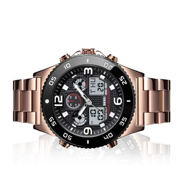 SKMEI 1538 Men Wristwatch Quartz Dual Display Casual 3 Time Multifunction Waterproof Stopwatch - RoseGold - Image 2