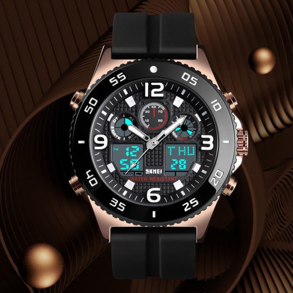 SKMEI 1538 Multifunction Casual Dual Display Waterproof Silicone Strap Quartz Stopwatch For Men - Black/RoseGold - Image 3