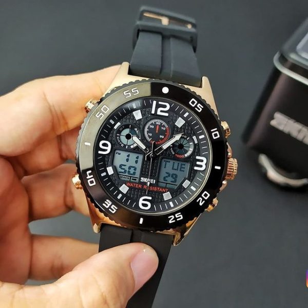 SKMEI 1538 Multifunction Casual Dual Display Waterproof Silicone Strap Quartz Stopwatch For Men - Black/RoseGold - Image 2