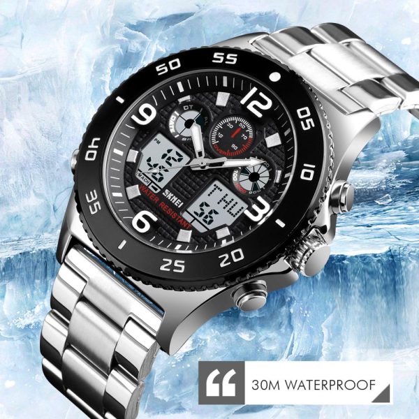 SKMEI 1538 Men Wristwatch Quartz Dual Display Casual 3 Time Multifunction Waterproof Stopwatch - Silver - Image 2