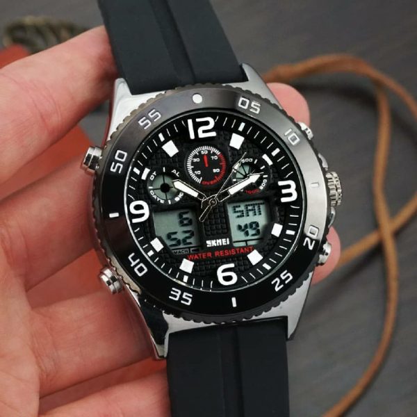 SKMEI 1538 Multifunction Casual Dual Display Waterproof Silicone Strap Quartz Stopwatch For Men - Black/Silver - Image 2