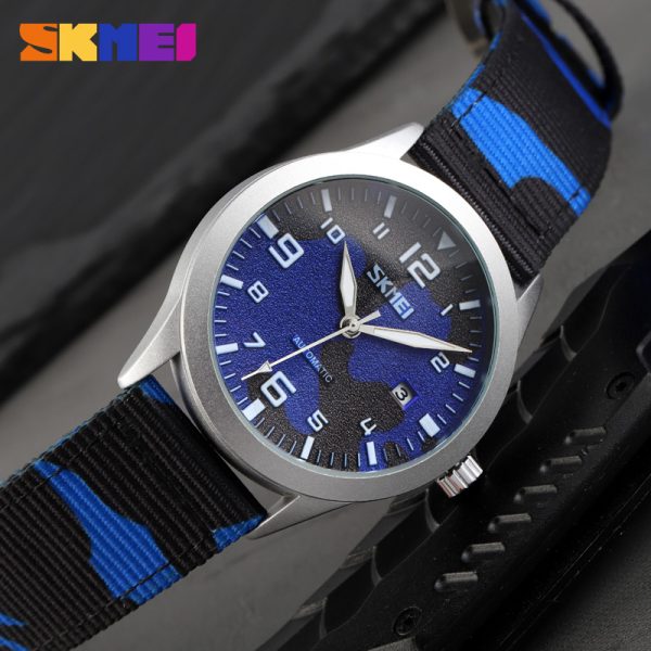 SKMEI 9246 Men's Automatic Mechanical Hollow Dial Luminous Nylon Strap Date Display Watch - Camouflage Blue/Silver - Image 2