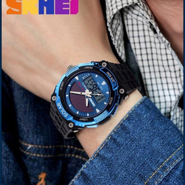 SKMEI 1049 Solar Powered Multifunction Dual Time Waterproof Digital Watch For Men - Black/Blue - Image 2