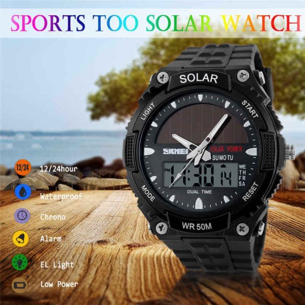 SKMEI 1049 Solar Powered Multifunction Dual Time Waterproof Digital Watch For Men - Black - Image 3