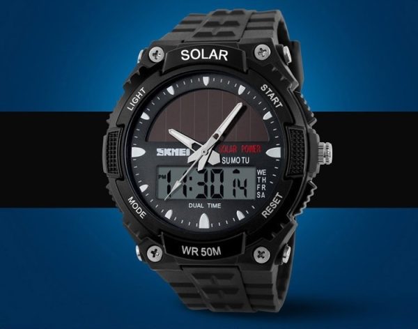 SKMEI 1049 Solar Powered Multifunction Dual Time Waterproof Digital Watch For Men - Black - Image 2