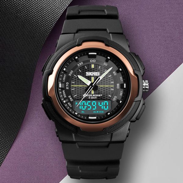 SKMEI 1454 Dual Time 50M WaterProof Silicon Outdoor Sporty Watch - Black/RoseGold - Image 2