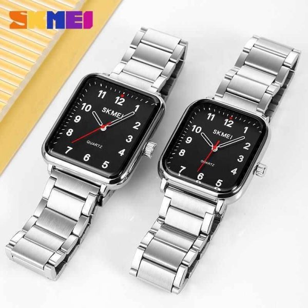 SKMEI 1954 1955 Casual Elegant Rectangle Dial Shape Stainless Steel Couple Quartz Watch - Silver/Black