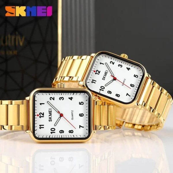 SKMEI 1954 1955 Casual Elegant Rectangle Dial Shape Stainless Steel Couple Quartz Watch - Golden/White