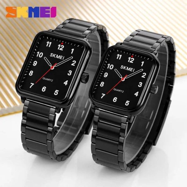 SKMEI 1954 1955 Casual Elegant Rectangle Dial Shape Stainless Steel Couple Quartz Watch - Black