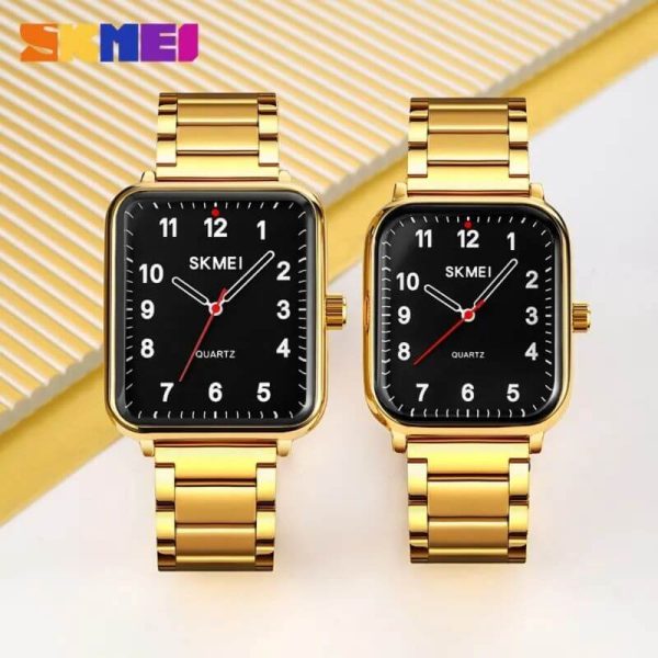 SKMEI 1954 1955 Casual Elegant Rectangle Dial Shape Stainless Steel Couple Quartz Watch - Golden/Black