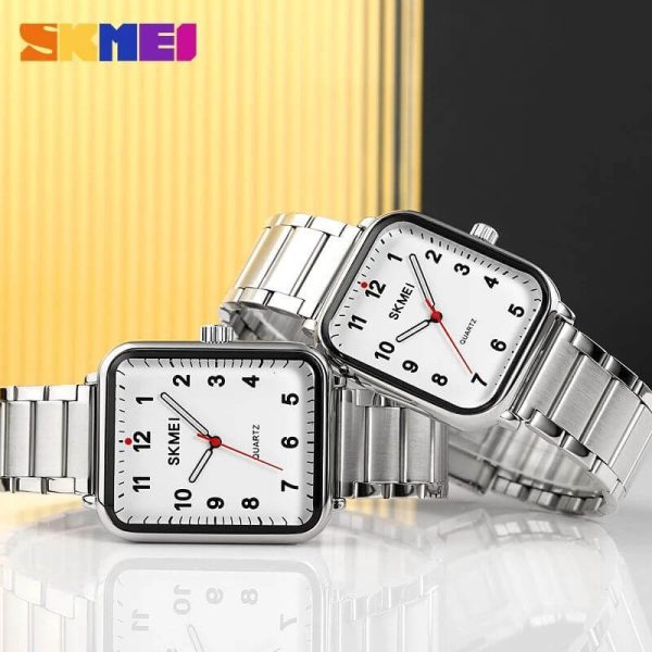 SKMEI 1954 1955 Casual Elegant Rectangle Dial Shape Stainless Steel Couple Quartz Watch - Silver