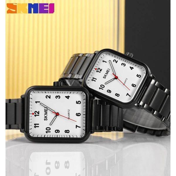 SKMEI 1954 1955 Casual Elegant Rectangle Dial Shape Stainless Steel Couple Quartz Watch - White/Black