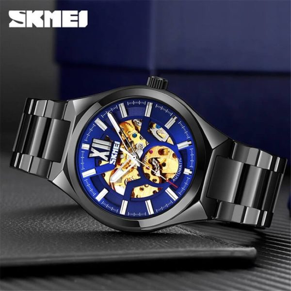 Skmei 9258 Fashion Mechanical Hollow Dial Luxury Stainless Steel Automatic Luminous Watch -Black/Blue - Image 2