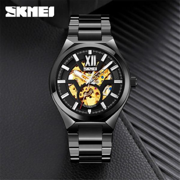 Skmei 9258 Fashion Mechanical Hollow Dial Luxury Stainless Steel Automatic Luminous Watch - Black - Image 2