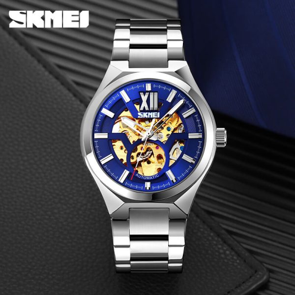 Skmei 9258 Fashion Mechanical Hollow Dial Luxury Stainless Steel Automatic Luminous Watch - Silver/Blue - Image 2