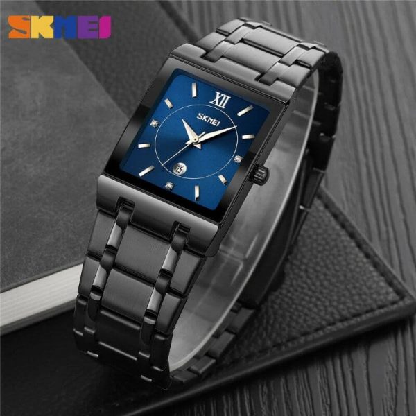 SKMEI 9263 Luxury Rectangle Shape Date Display Stainless Steel Quartz Watch For Men - Black/Blue - Image 2