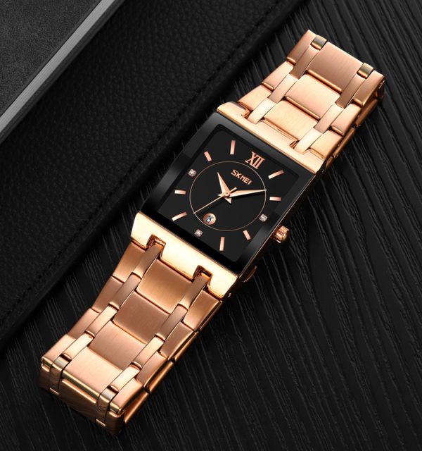 SKMEI 9263 Luxury Rectangle Shape Date Display Stainless Steel Quartz Watch For Men  - Black/Rosegold - Image 2