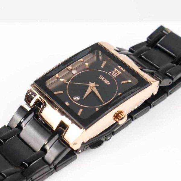 SKMEI 9263 Luxury Rectangle Shape Date Display Stainless Steel Quartz Watch For Men  - Rosegold/Black