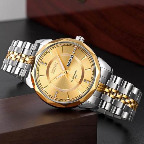 SKMEI 9268 Luxury Fashionable Day Date Function Geometric Cutting Round Dial Stainless Steel Watch For Men - Golden/Silver - Image 2