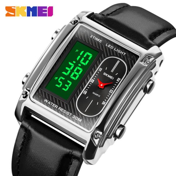 SKMEI 1868 Casual Rectangle Dial Digital Analog Luminous Leather Strap Stopwatch For Men - Black/Silver