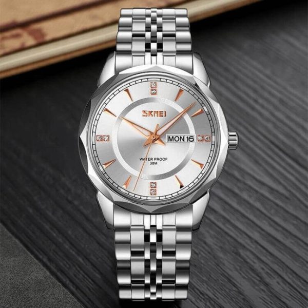 SKMEI 9268 Luxury Fashionable Day Date Function Geometric Cutting Round Dial Stainless Steel Watch For Men - Silver - Image 2