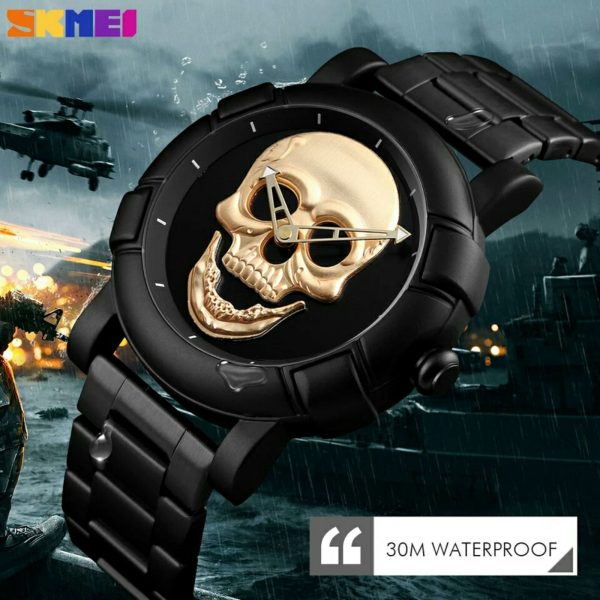 SKMEI 9178 Men Fashion Skull Creative Stainless Steel Quartz Wristwatch - Black/Golden - Image 2