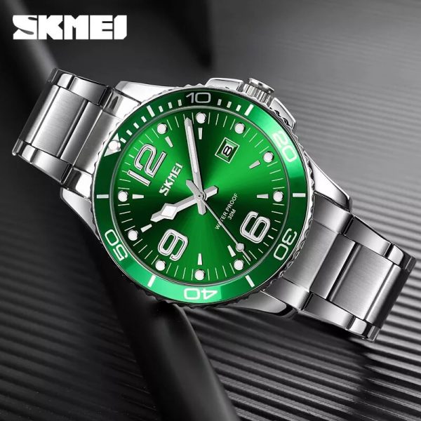 SKMEI 9278 Men's Business Stainless Steel Date Display Quartz Watch - Green/Silver - Image 3