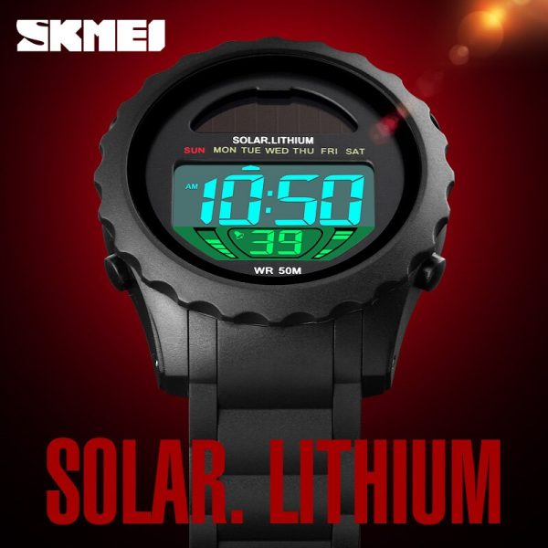 SKMEI 1585  Men Sports Solar Power Lithium Battery Digital Waterproof Wrist watch - Black - Image 2