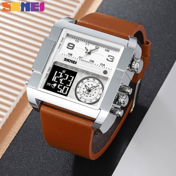 SKMEI 1391 Men's Multifunction Big Dial Square Digital Analog LED Chronograph Leather Strap Wristwatch - Silver/Brown - Image 2