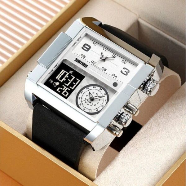 SKMEI 1391 Men's Multifunction Big Dial Square Digital Analog LED Chronograph Leather Strap Wristwatch - Silver/Black - Image 3