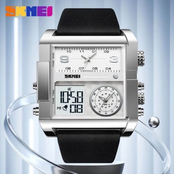 SKMEI 1391 Men's Multifunction Big Dial Square Digital Analog LED Chronograph Leather Strap Wristwatch - Silver/Black - Image 4