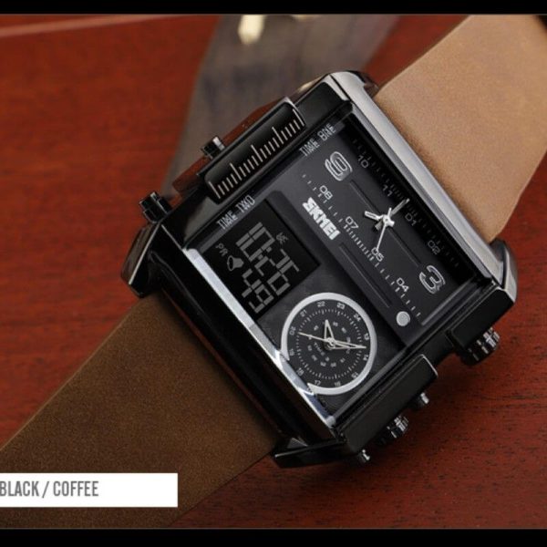 SKMEI 1391 Men's Multifunction Big Dial Square Digital Analog LED Chronograph Leather Strap Wristwatch - Black/Coffee - Image 3