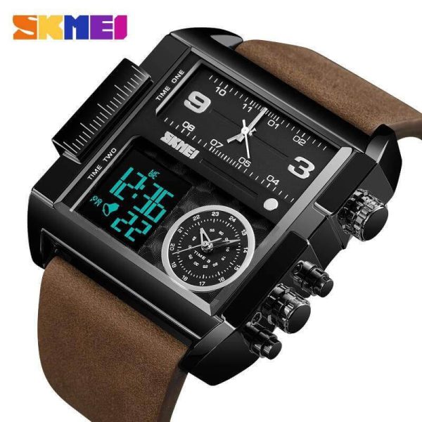 SKMEI 1391 Men's Multifunction Big Dial Square Digital Analog LED Chronograph Leather Strap Wristwatch - Black/Coffee