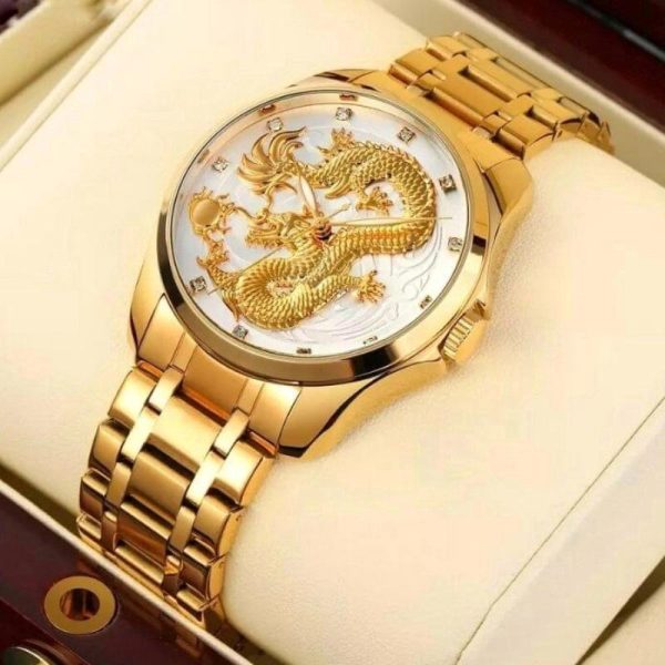 Millenium Dragon Quartz Luxury Stainless Steel Alloy Business Waterproof Wristwatches For Men - White/Golden - Image 2