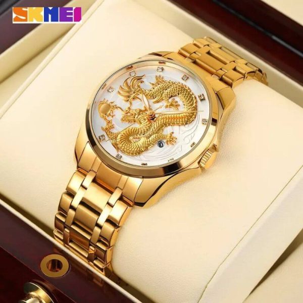 SKMEI 9193 Dragon Quartz Luxury Stainless Steel Alloy Business Waterproof Wristwatches For Men - White/Golden - Image 2